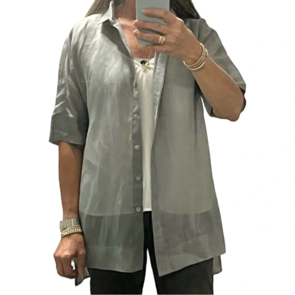 LAFAYETTE 148 New York Andra Semi Sheer Oversized Button Down Shirt- Size S - Picture 5 of 14